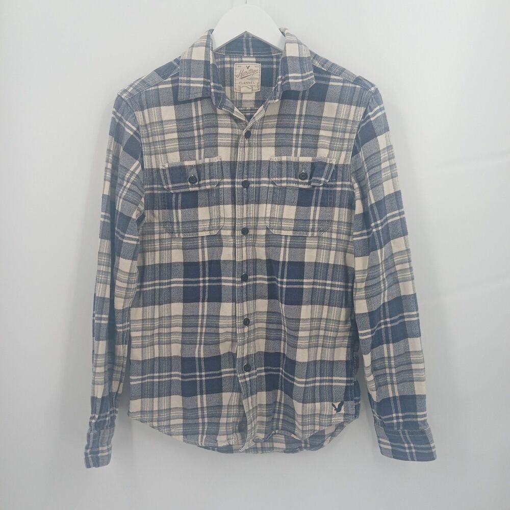Mens american eagle blue and grey plaid flannel size small layering shirt